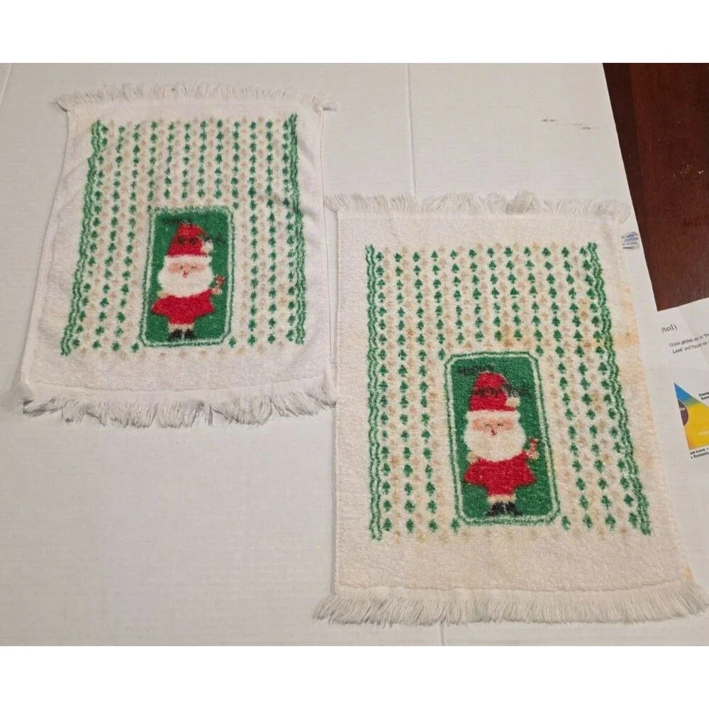 Vintage Santa Claus Christmas Hand Tea Dish Towels Set of 3 White *FLAWS